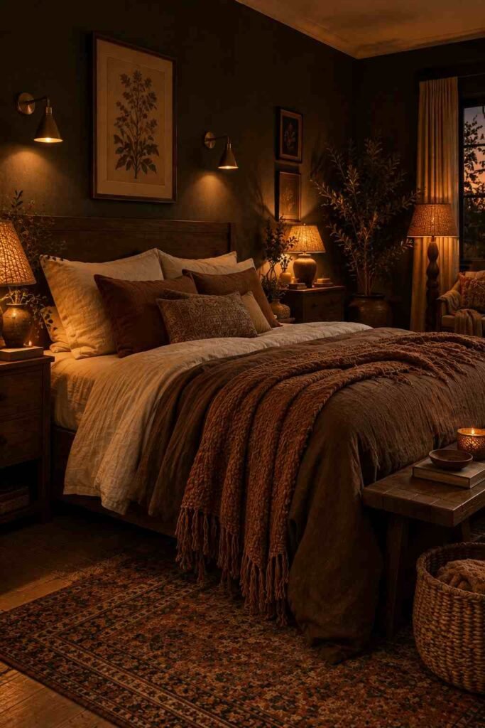  Cozy dark boho bedroom illuminated by warm bedside lamps, brass wall sconces, and soft ambient lighting.
