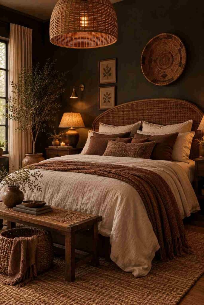  Cozy dark boho bedroom illuminated by warm bedside lamps, brass wall sconces, and soft ambient lighting.
