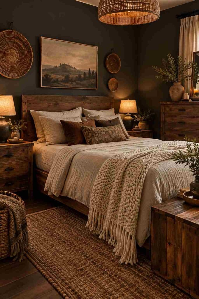 Dark boho bedroom with walnut bed frame, rustic reclaimed wood furniture, cream bedding, and natural accessories.
