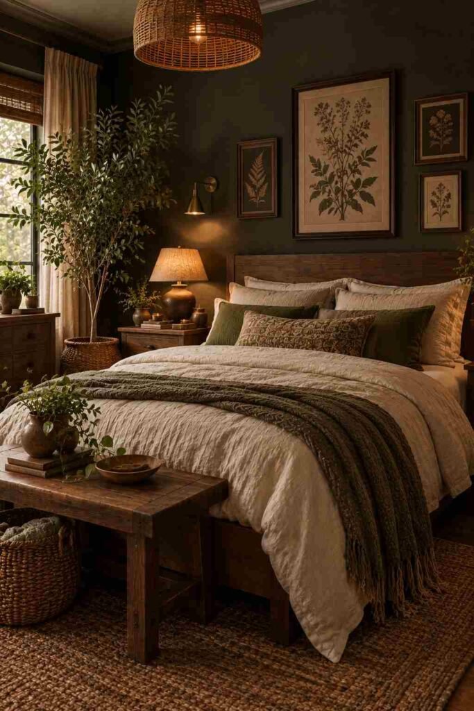  Dark boho bedroom with charcoal walls, cream bedding, rust pillows, terracotta pottery, and warm wooden furniture.
