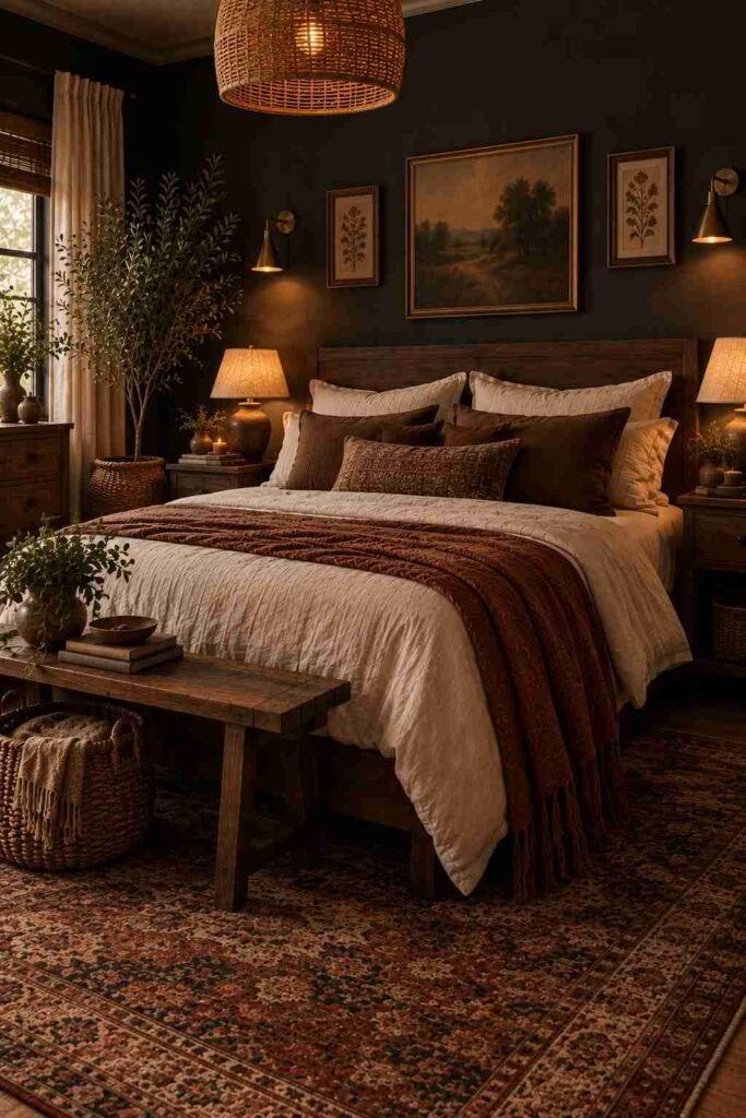  Dark boho bedroom with vintage botanical wall art, leafy indoor plants, charcoal walls, and natural wood furniture.

