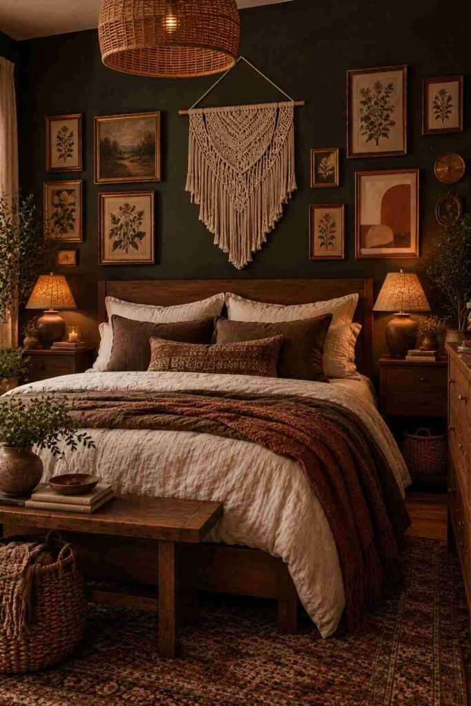  Dark boho bedroom with a faded Persian rug in earthy burgundy, rust, beige, and brown beneath a walnut bed.