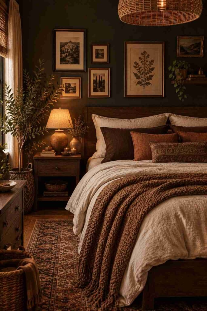  Dark boho bedroom with cream macrame wall art, eclectic framed artwork, charcoal walls, and warm earthy decor.
