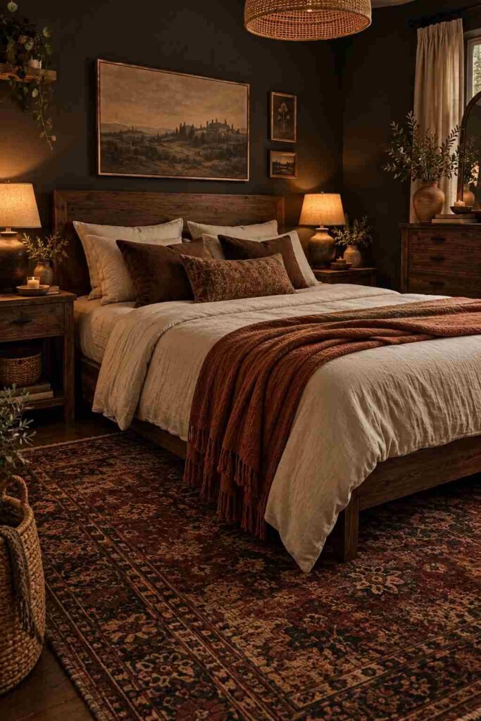  Cozy dark boho bedroom with layered bedding, knitted throw, handmade ceramics, books, warm lighting, and personal decor.
