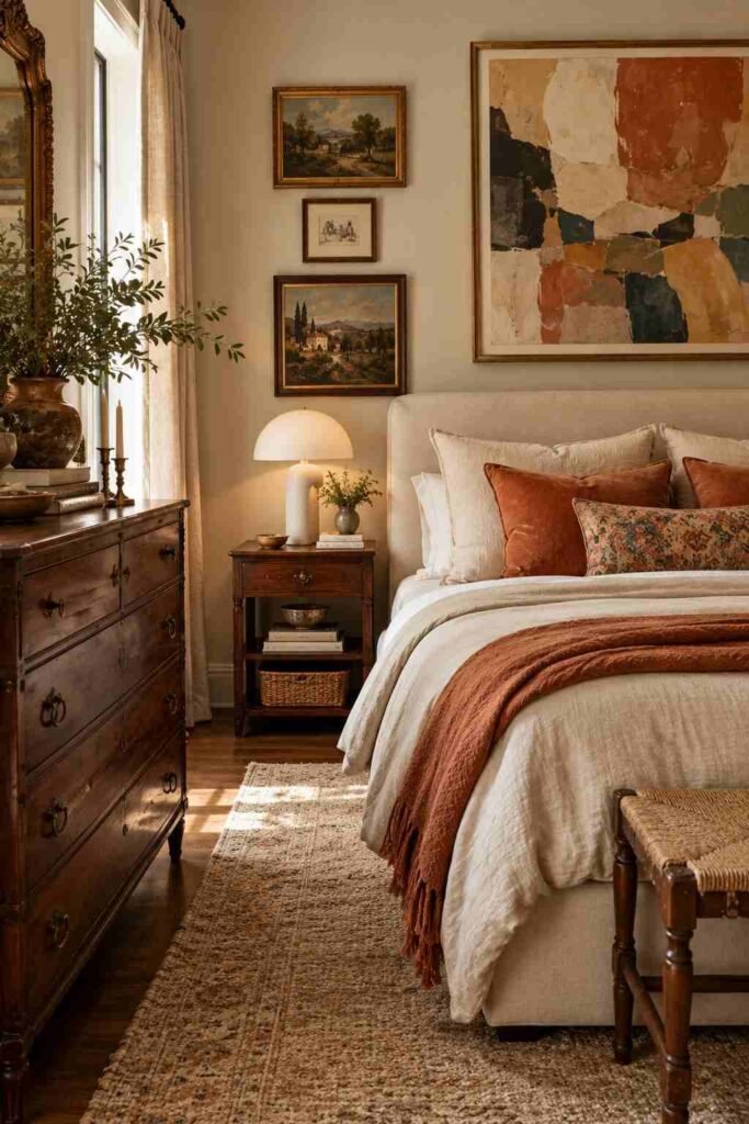 Eclectic bedroom with an antique walnut dresser, modern upholstered bed, and contemporary artwork.