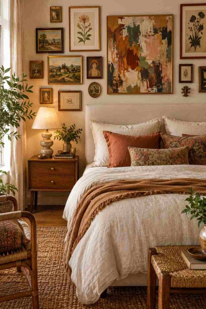 Eclectic bedroom with a colorful gallery wall of vintage prints, abstract paintings, and mismatched frames.