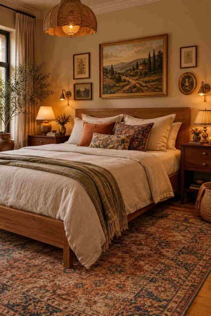 Eclectic bedroom with a faded Persian rug, natural wood bed, vintage furniture, and neutral layered bedding.