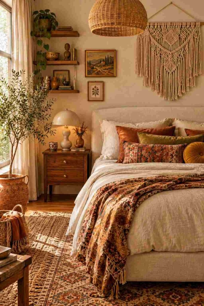 Eclectic bohemian bedroom with macrame wall decor, rattan lighting, colorful cushions, and vintage furniture.