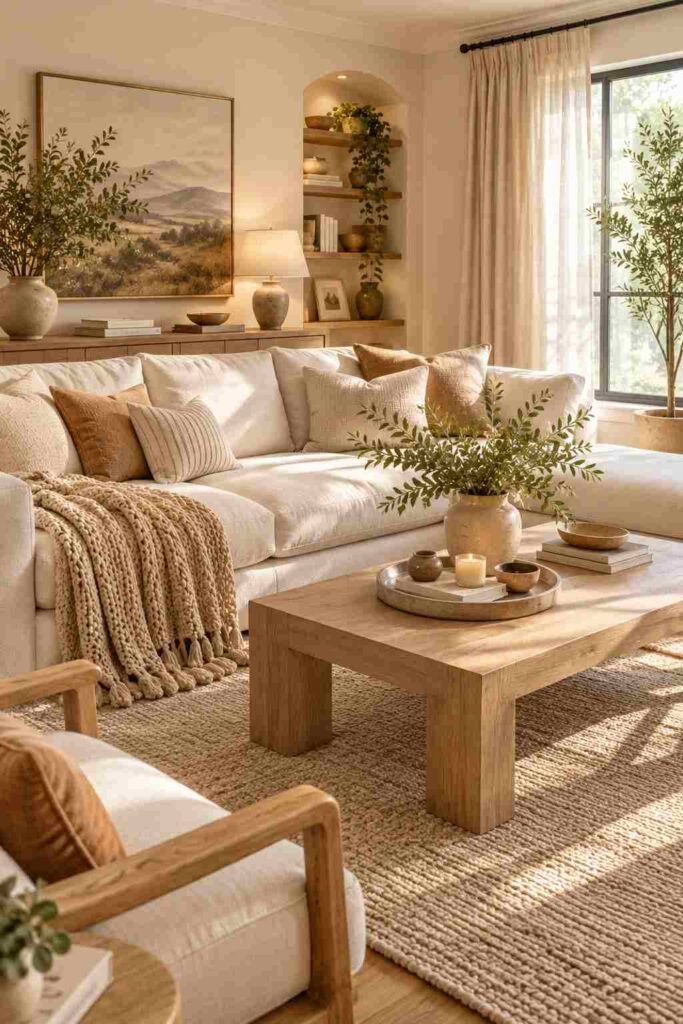 Cozy neutral living room with a cream sofa, beige cushions, natural wood furniture, and soft layered textures.
