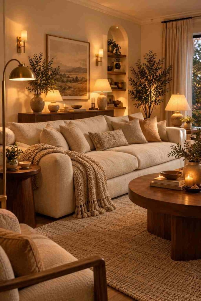 Warmly illuminated living room with glowing table lamps, brass floor lighting, and a comfortable cream sofa.
