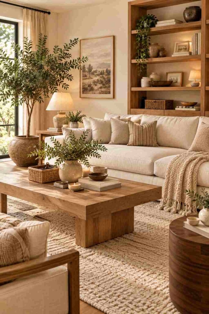 Organic modern living room with natural oak furniture, walnut accents, a cream sofa, and warm neutral decor.
