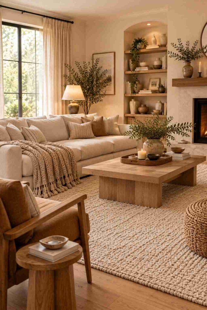 Cozy living room with a plush ivory area rug, cream sofa, and warm natural wood furniture.
