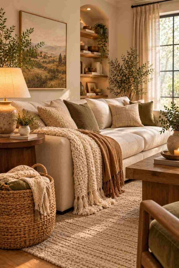 Cream living room sofa with cozy knitted throw blankets, textured cushions, and a woven basket.
