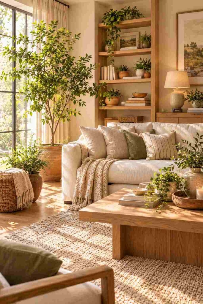Bright cozy living room with leafy indoor plants, terracotta planters, cream seating, and natural wood accents.
