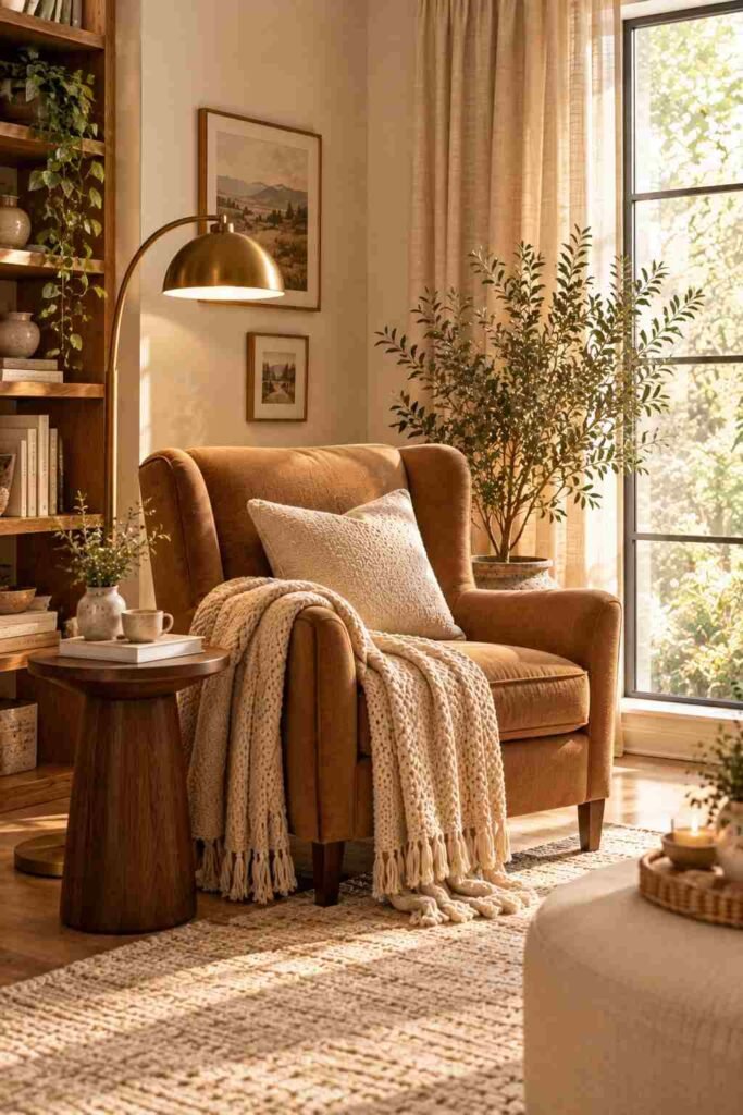 Natural oak coffee table with ceramic vase, books, and decorative bowl in a cozy neutral living room.
