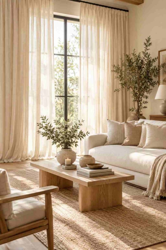 Warm living room with flowing ivory linen curtains, cream sofa, and soft filtered natural daylight.