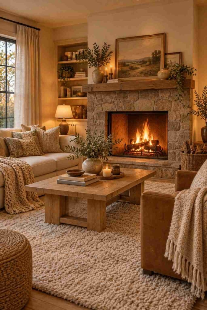 Cream sofa with mixed patterned cushions in beige, olive, and earthy tones in a cozy living room.
