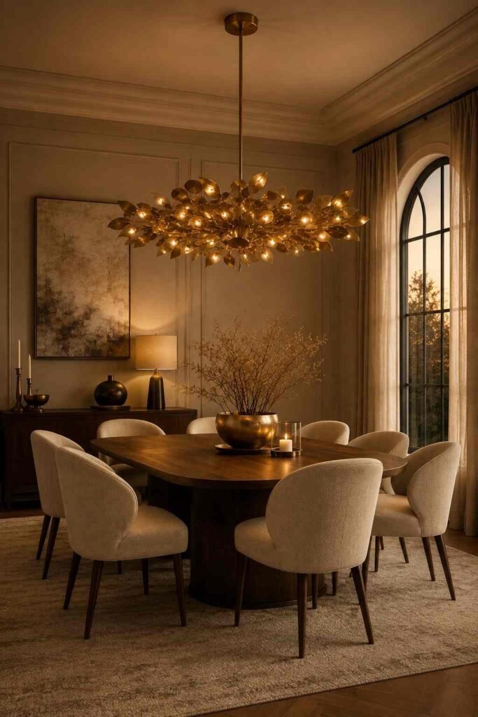  Luxurious dining room with an oversized brass chandelier above a walnut dining table.
