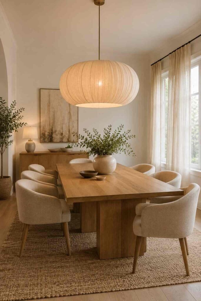  Modern dining room with an oversized cream linen pendant above a natural oak table.
