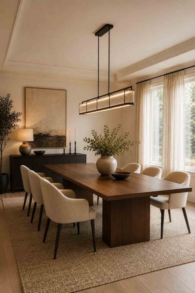  Modern dining room with linear chandelier lighting above a long rectangular walnut table.
