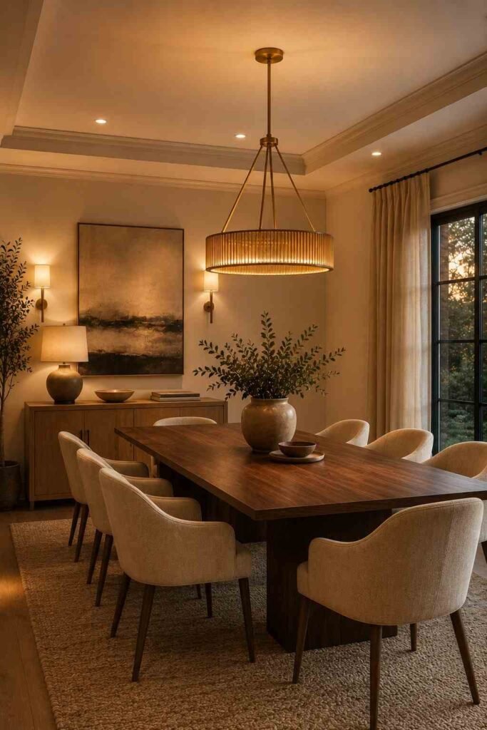  Warm dining room featuring a chandelier, wall sconces, recessed lights, and layered illumination.

