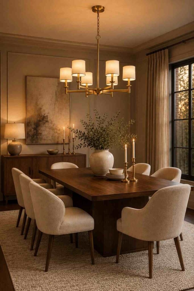  Elegant dining room with warm brass chandelier, walnut table, cream chairs, and golden lighting accents.

