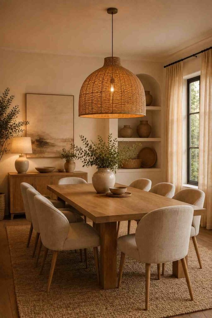  Elegant dining room with warm brass chandelier, walnut table, cream chairs, and golden lighting accents.
