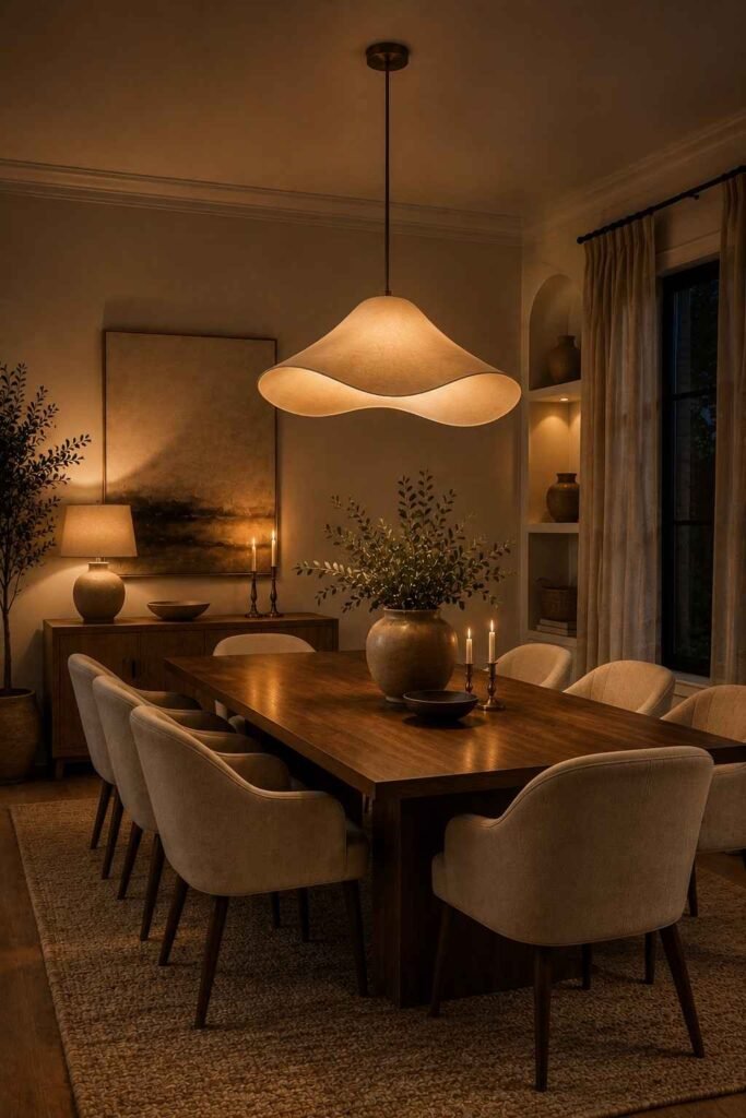  Cozy dining room with dimmable pendant lighting creating a soft warm evening atmosphere.

