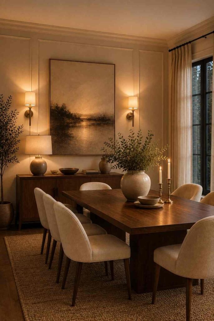 Elegant dining room with brass wall sconces illuminating artwork above a walnut sideboard.