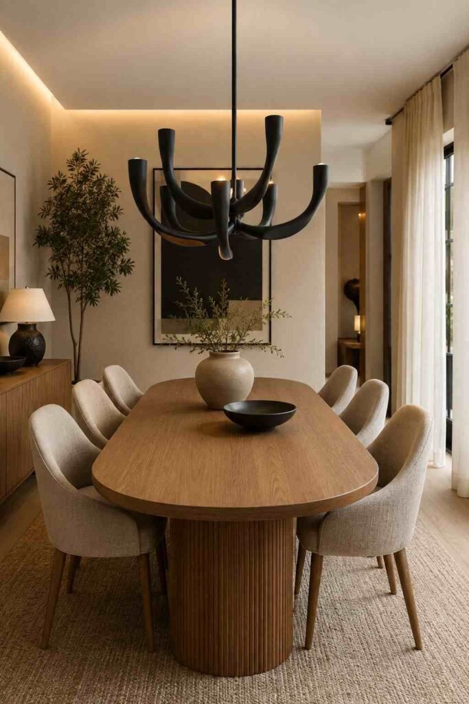  Modern dining room with a sculptural matte black chandelier above a natural oak table.
