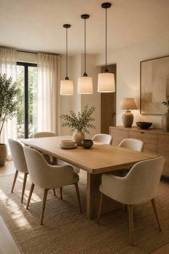  Contemporary dining room with three matching pendant lights above a long oak dining table.
