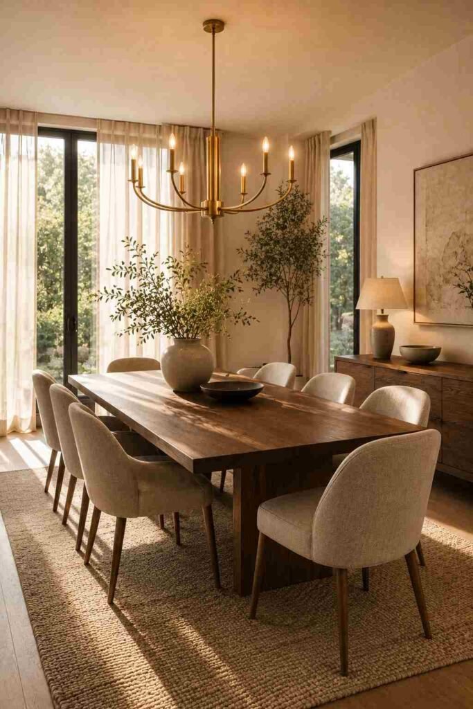  Bright dining room combining natural daylight, warm chandelier lighting, walnut furniture, and neutral décor.
