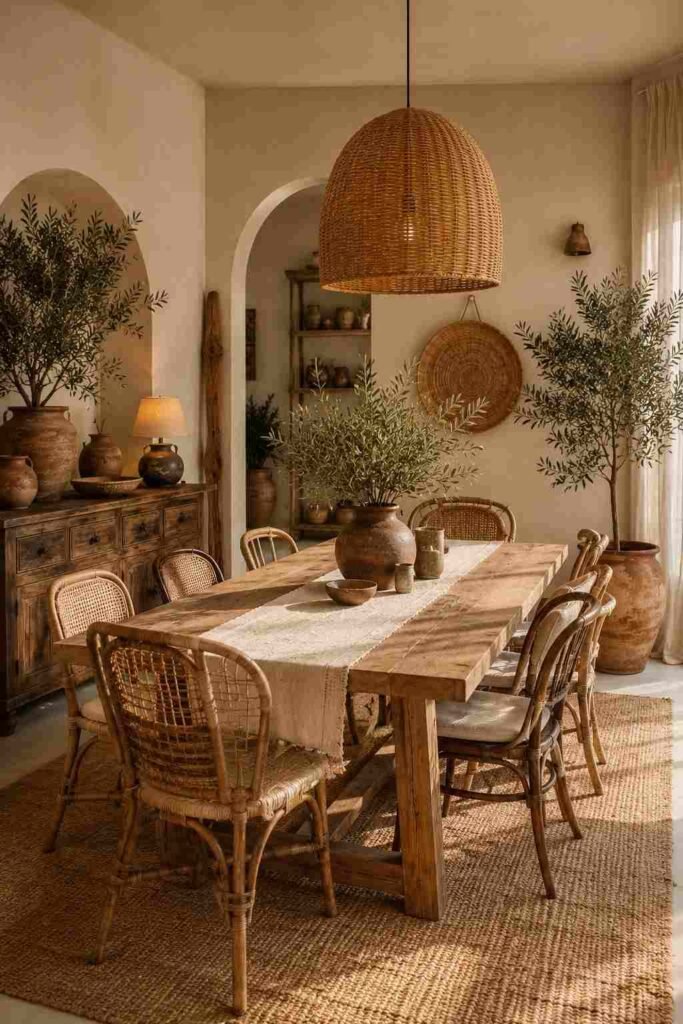  Boho dining room with a natural oak dining table, mismatched chairs, terracotta ceramics, and woven décor.
