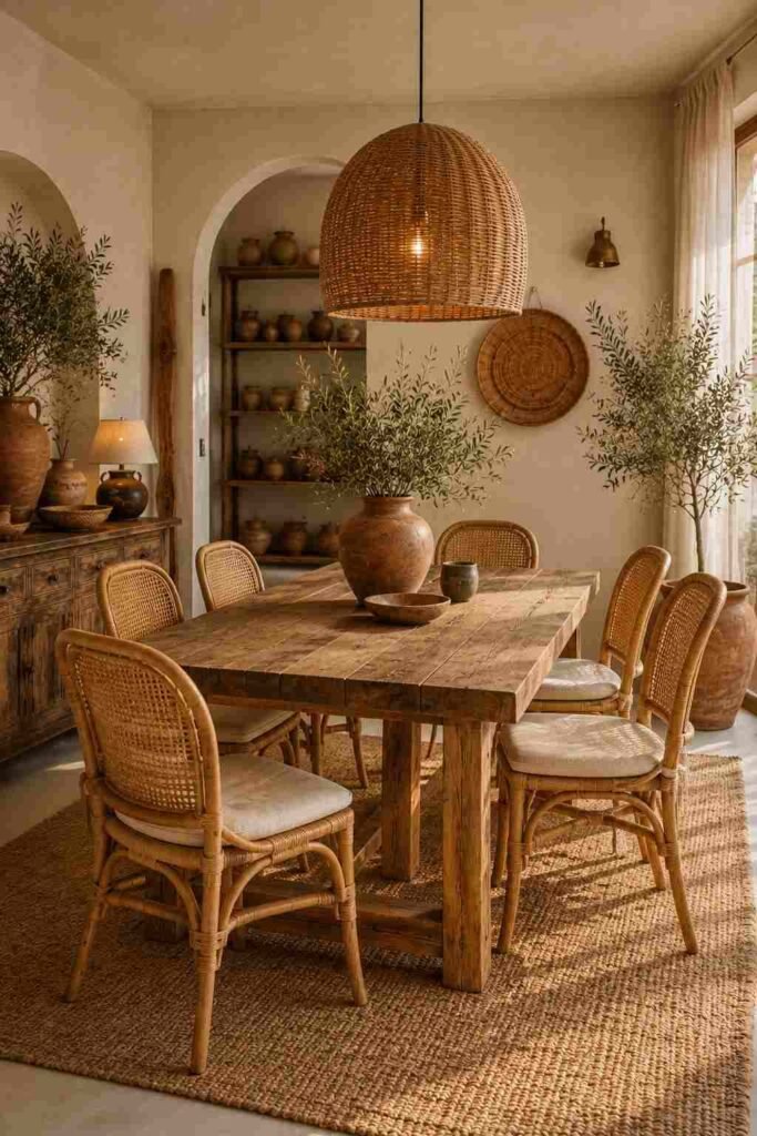 Boho dining room with natural rattan chairs, linen cushions, rustic wood table, and earthy accessories.

