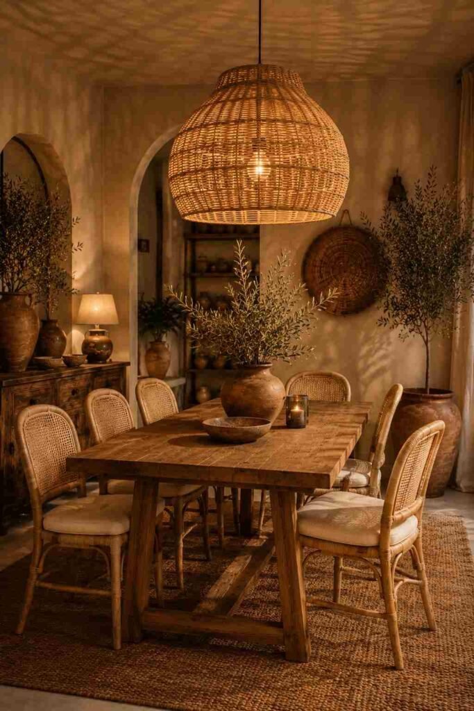 Boho dining room with a large woven rattan pendant casting warm patterned light over a wooden table.
