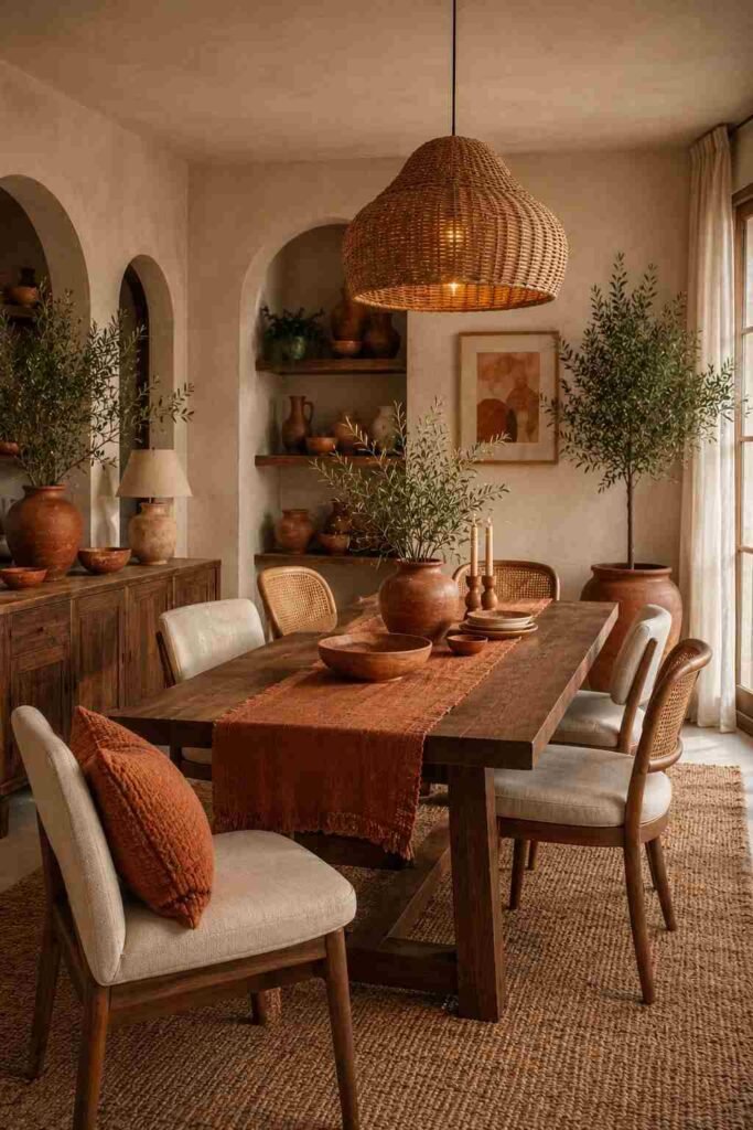  Boho dining room decorated with terracotta pottery, rust textiles, natural wood, and olive greenery.
