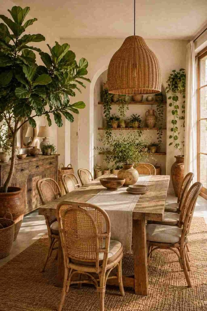  Boho dining room filled with leafy greenery, natural wood, rattan furniture, and terracotta planters.

