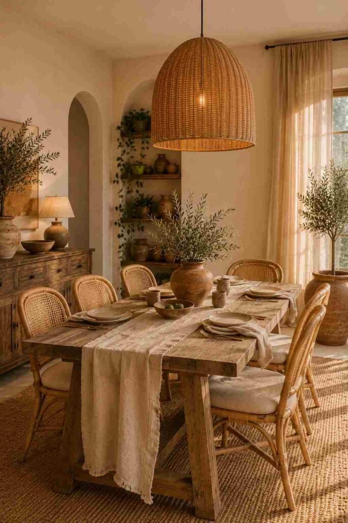 Cozy boho dining room with linen textiles, rattan chairs, rustic wood, and neutral natural textures.
