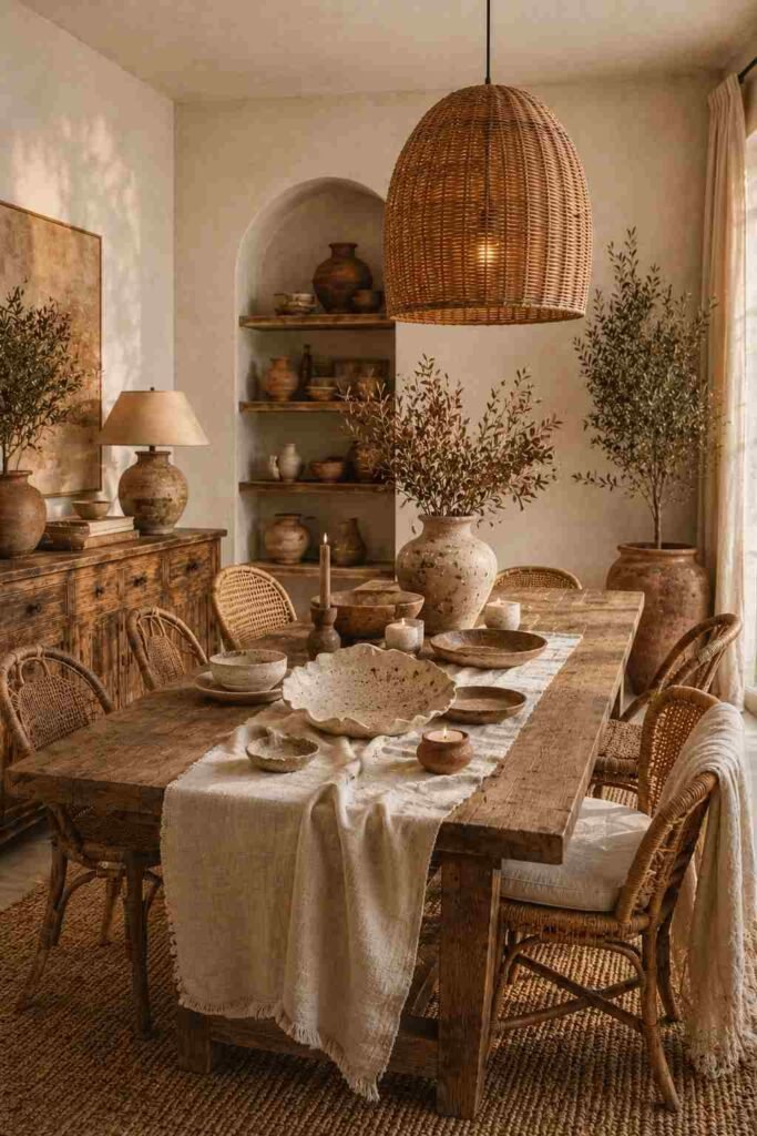  Boho dining table styled with handmade ceramics, earthy pottery, linen, and natural wood.
