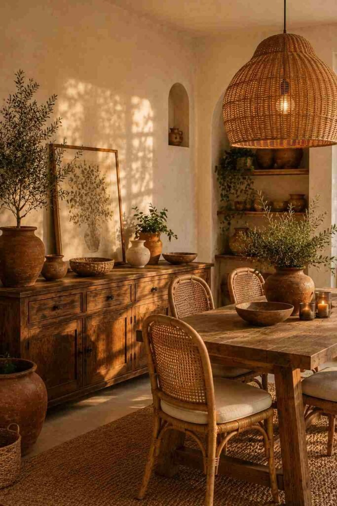  Boho dining room with a vintage wooden sideboard styled with pottery, baskets, plants, and artwork.
