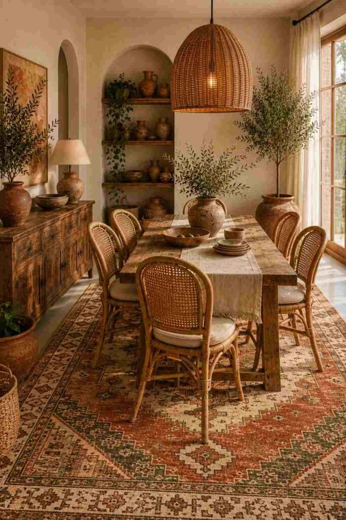 Boho dining room with a vintage patterned rug in terracotta, beige, cream, and olive tones.
