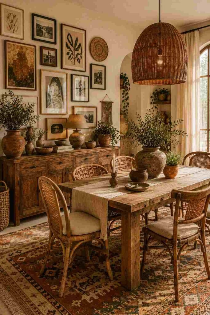  Eclectic boho dining room with a gallery wall of botanical prints, vintage art, and woven pieces.
