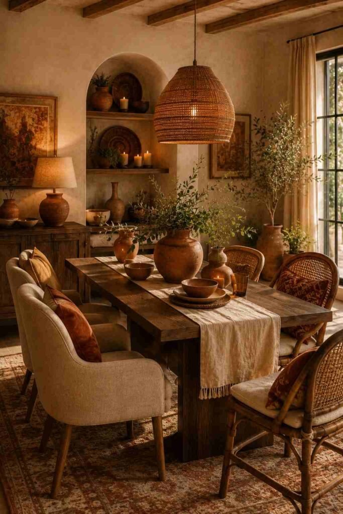  Warm boho dining room layered with terracotta, olive green, mustard, camel, and natural wood tones.
