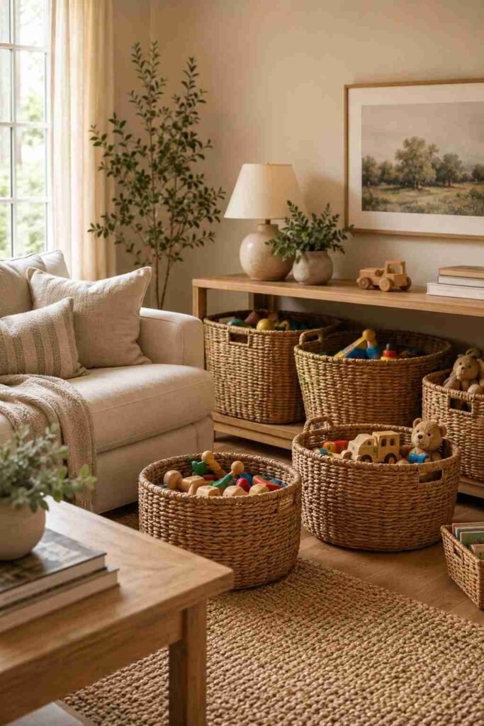 Neutral living room with woven baskets neatly storing children's toys beside a cream sofa.
