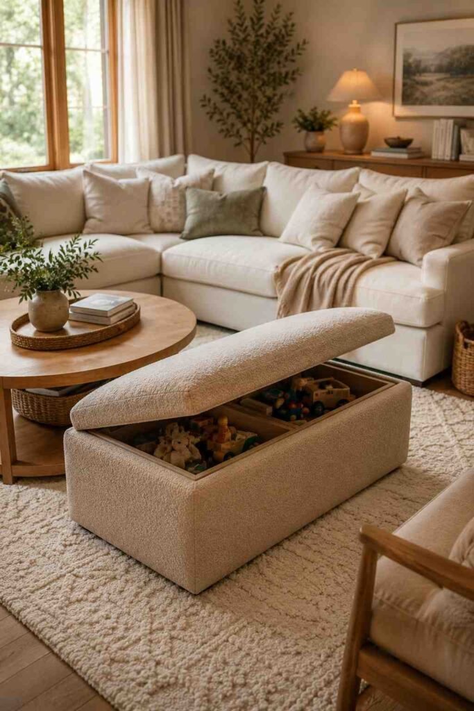 Beige storage ottoman in a cozy living room hiding neatly organized children's toys.