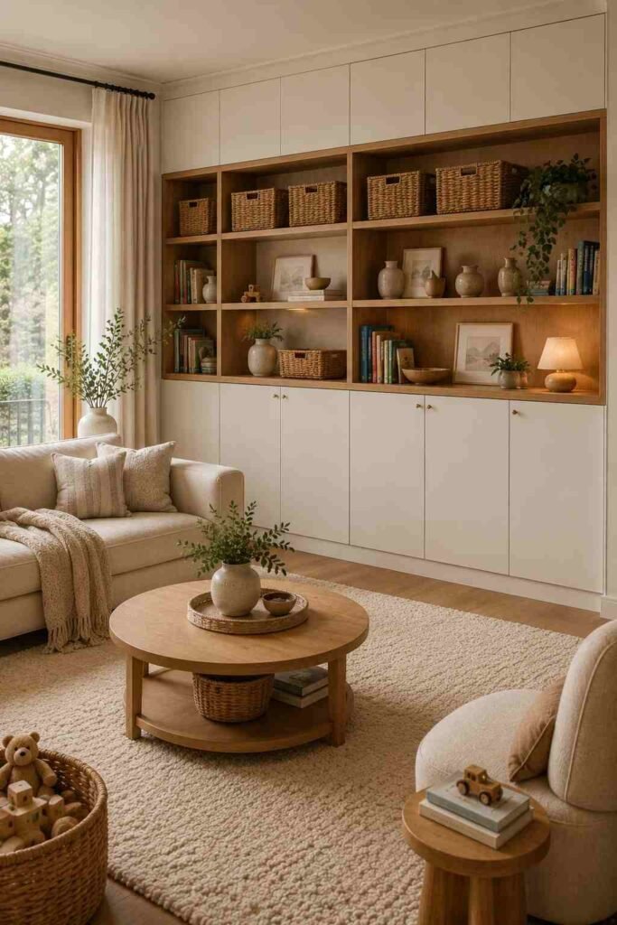Elegant living room with built-in cabinets providing hidden storage for children's toys.

