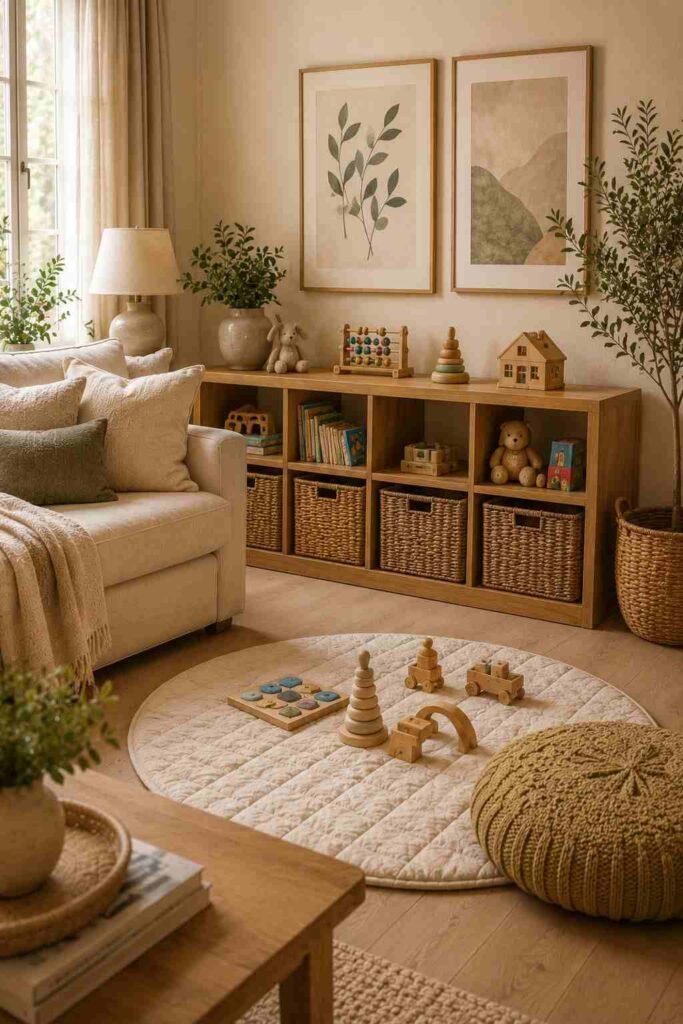 Dedicated children's toy corner with low storage, baskets, books, and a soft play mat.
