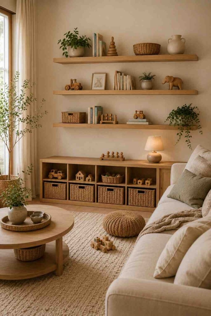 Natural oak floating shelves displaying books, baskets, and toys above living room storage.

