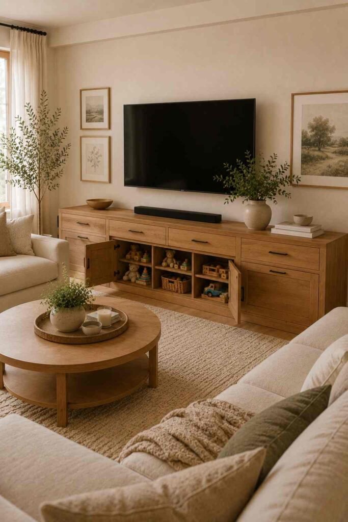 Modern oak TV console with hidden cabinets for organized children's toy storage.
