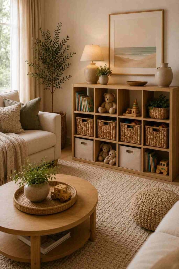 Cube storage unit with woven baskets organizing children's toys in a stylish living room.
